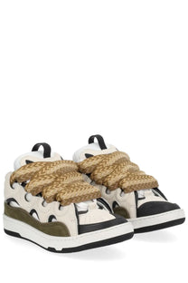 Lanvin unisex sneaker curb brown featuring white and olive green colors with woven tan straps in premium materials