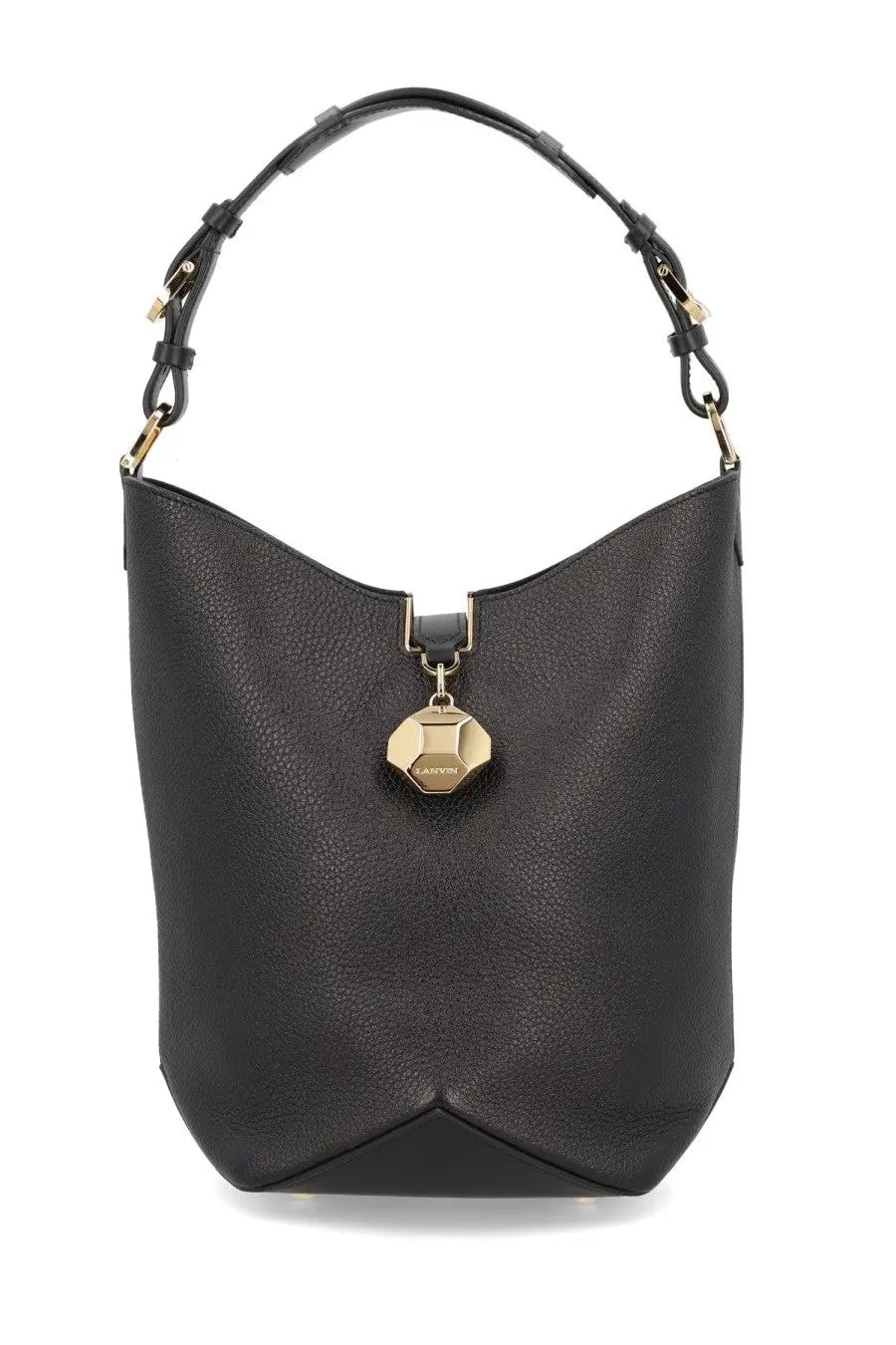 Lanvin women’s black leather hobo bag with gold-tone hexagonal clasp and adjustable shoulder strap