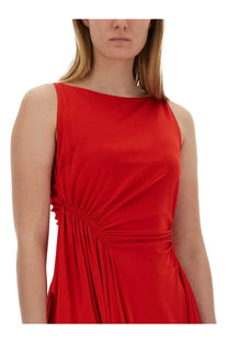 Lanvin women’s vibrant red sleeveless dress with gathered pleated waist detail perfect for elegant occasions