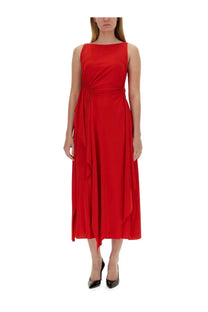 Lanvin women’s vibrant red sleeveless midi dress with draped asymmetrical hem and gathered waistline