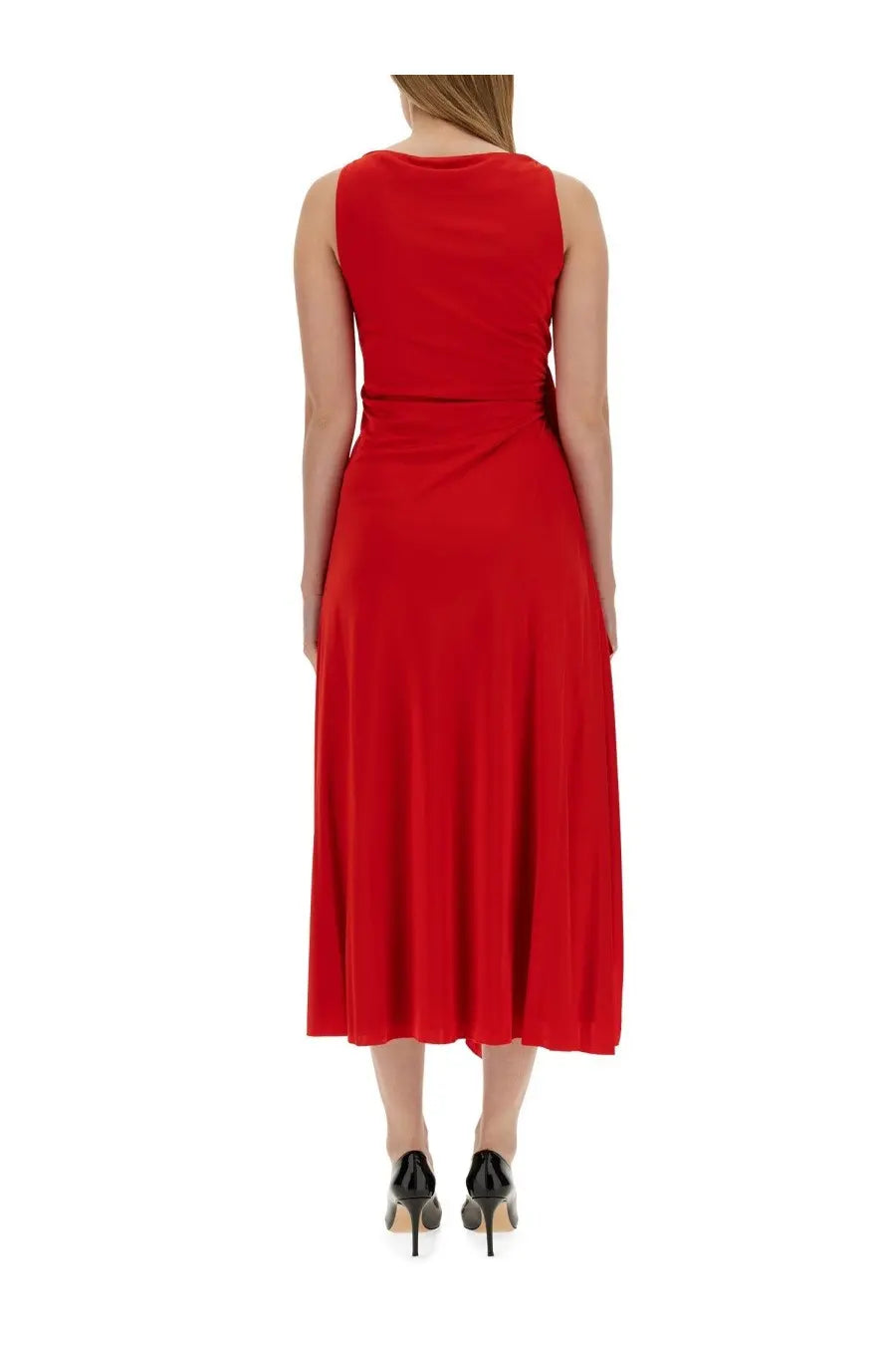 A vibrant red sleeveless midi dress by LANVIN with a fitted bodice and flowing skirt ideal for elegant occasions