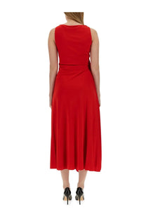 A vibrant red sleeveless midi dress by LANVIN with a fitted bodice and flowing skirt ideal for elegant occasions