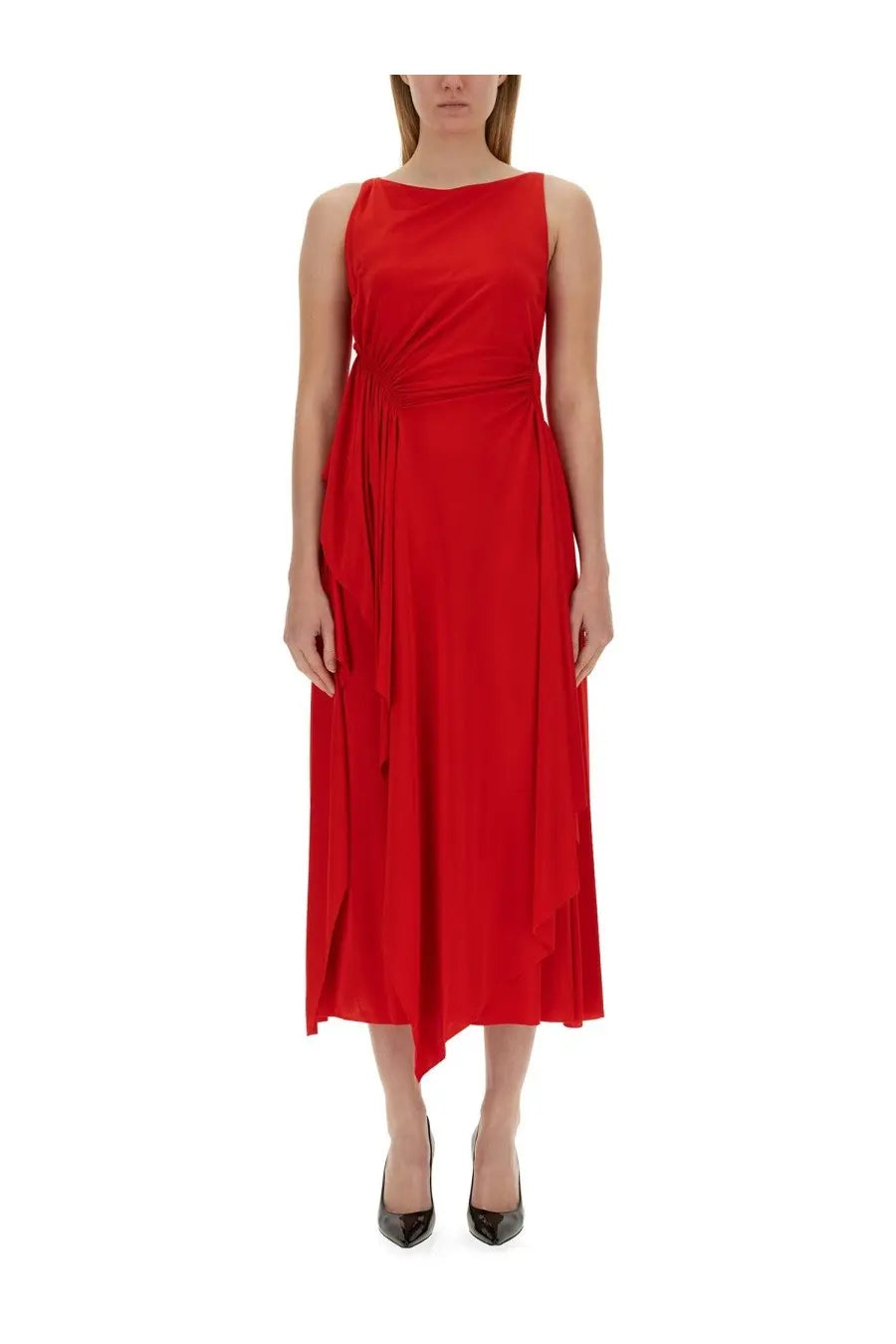 Lanvin women’s vibrant red sleeveless midi dress with draped waist and asymmetrical hemline