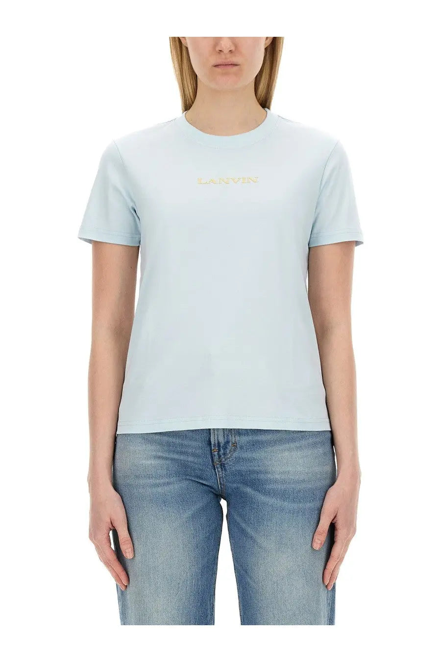 Lanvin women’s light blue cotton t-shirt with subtle gold lanvin logo embroidered across the chest