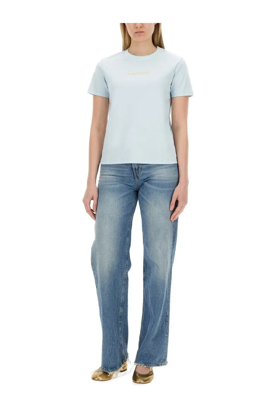 Lanvin women’s light blue cotton t-shirt with a subtle gold logo across the chest