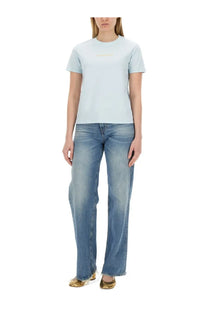 Lanvin women’s light blue cotton t-shirt with a subtle gold logo across the chest