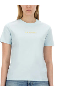 Lanvin women’s light blue t-shirt with gold embroidered logo on soft cotton fabric for casual wear