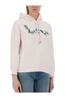 Lanvin women’s pink hooded sweatshirt with a stylized blue and black embroidered logo on the chest