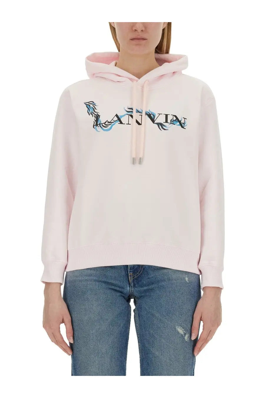 Pink lanvin women’s sweatshirt with blue and black embroidered logo on chest in a comfortable hoodie fabric