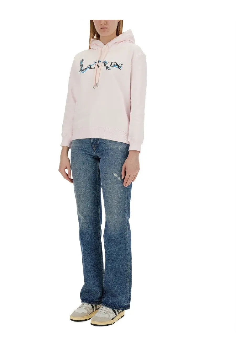 A soft pink lanvin women’s hooded sweatshirt with embroidered blue and black logo on the chest
