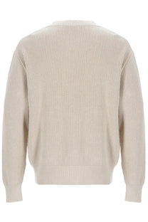 Lardini men’s knitted cardigan beige ribbed knit sweater with crew neck and long sleeves
