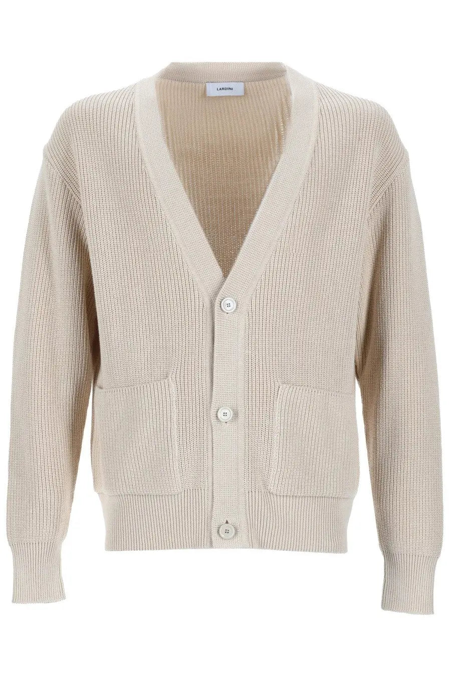 Lardini men’s knitted cardigan beige with ribbed knit fabric three matching buttons and two front pockets