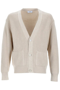 Lardini men’s knitted cardigan beige with ribbed knit fabric three matching buttons and two front pockets