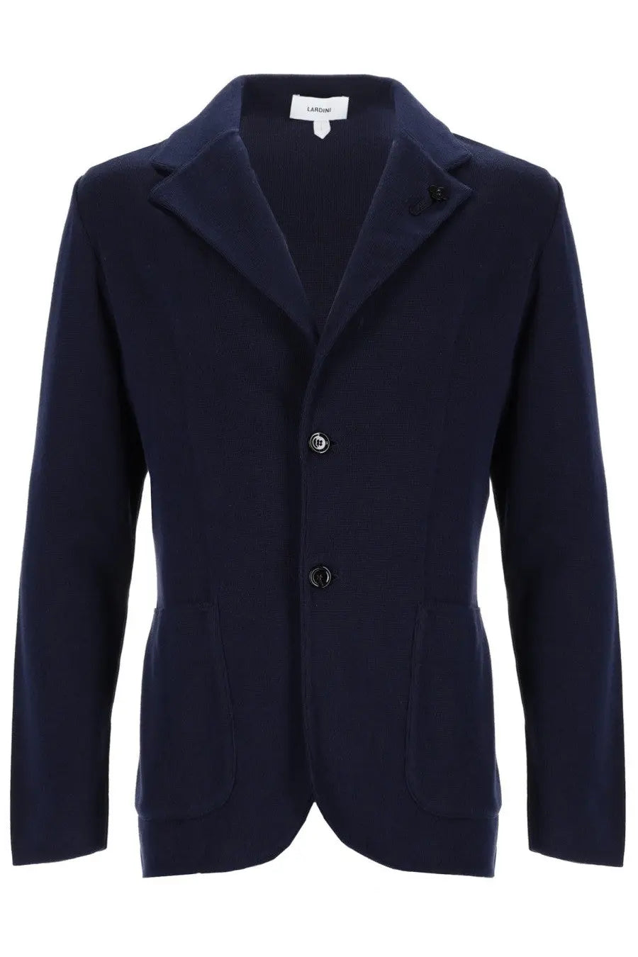 Navy blue lardini men’s knitted jacket with two front buttons and flap pockets perfect for smart casual wear