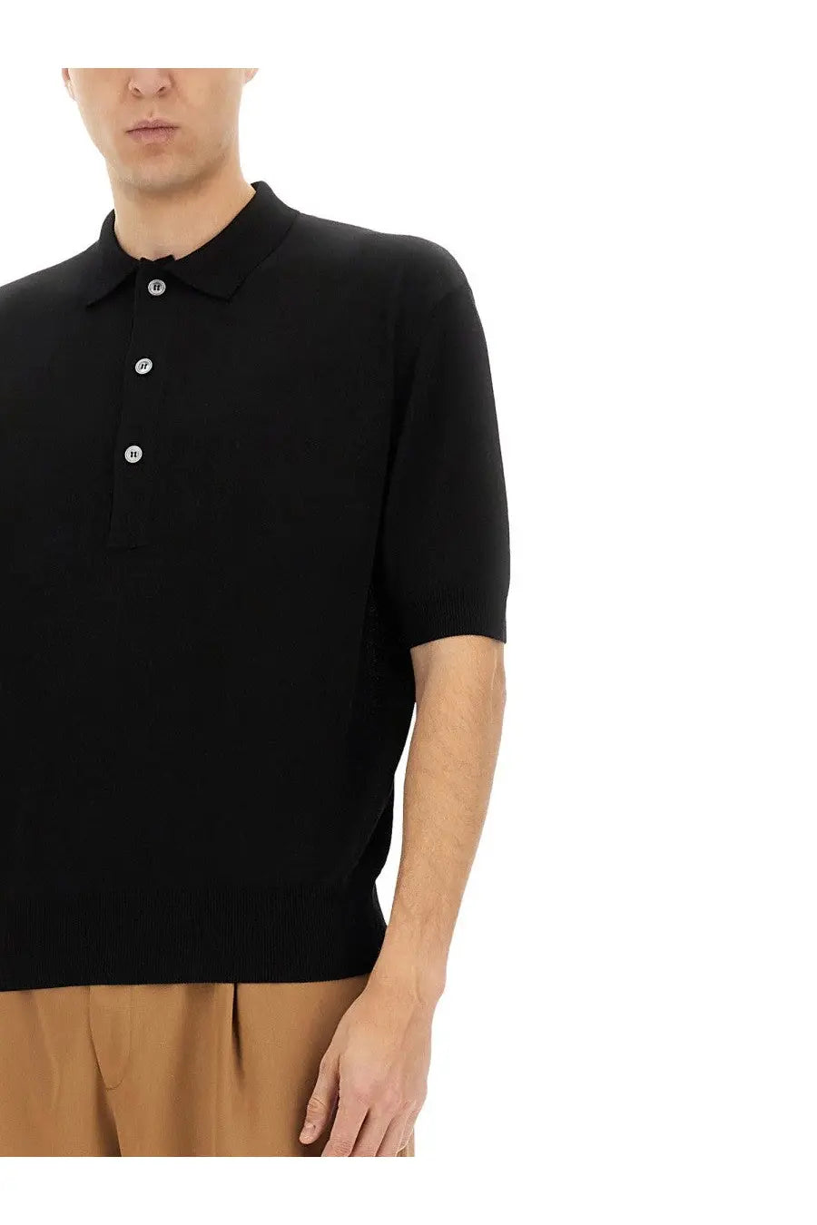 Lardini men’s organic cotton polo shirt black with short sleeves ribbed collar and white buttons front view