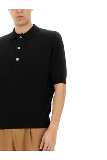 Lardini men’s organic cotton polo shirt black with short sleeves ribbed collar and white buttons front view