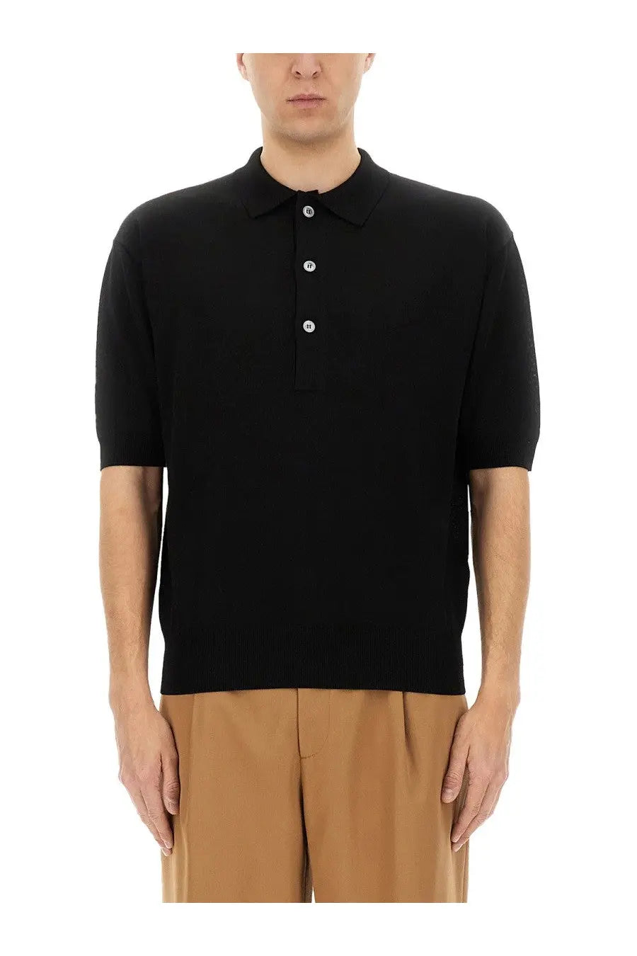 Lardini men’s organic cotton polo shirt black short-sleeved with ribbed collar and three white buttons