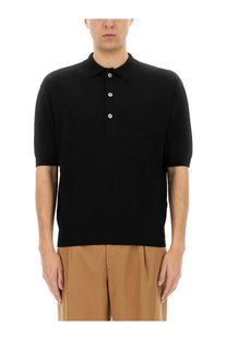 Lardini men’s organic cotton polo shirt black short-sleeved with ribbed collar and three white buttons