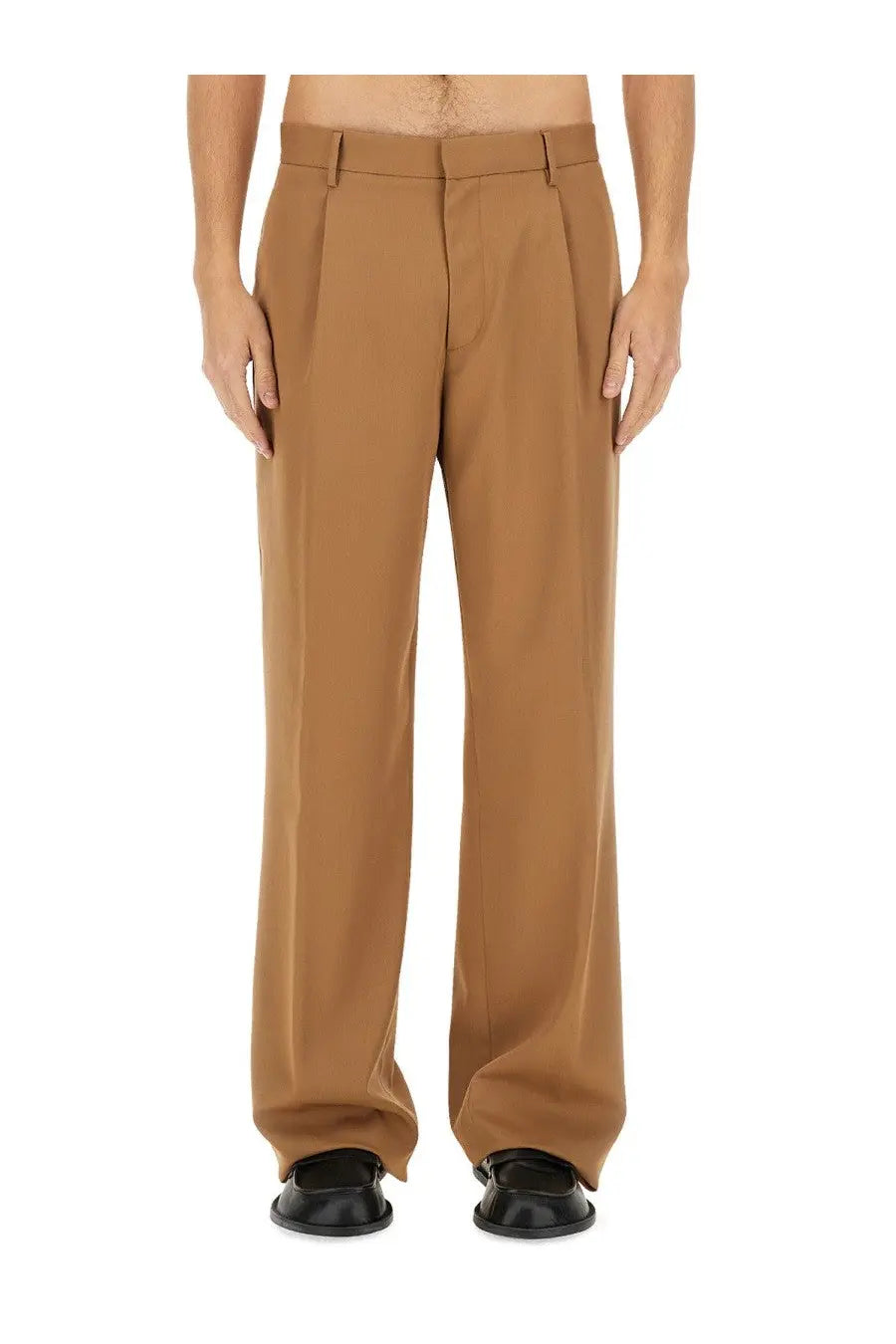 Tan pleated lardini men’s wool pants in beige with straight-leg cut and belt loops