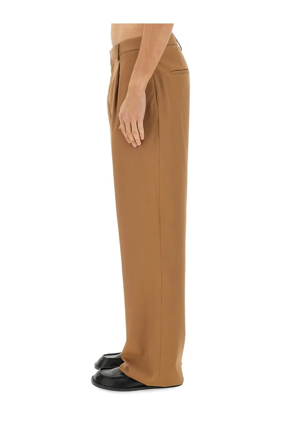 Tan lardini men’s wool pants with a sleek tailored fit and subtle pleats at the waist in beige color
