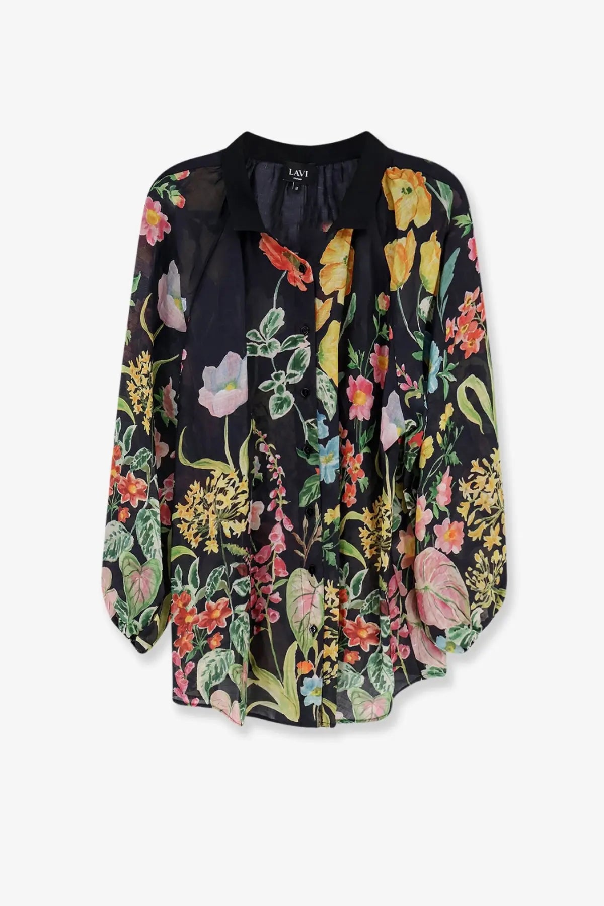 Black floral print long sleeve blouse with button-down front from lavi womens afrodite ramie shirt beige collection