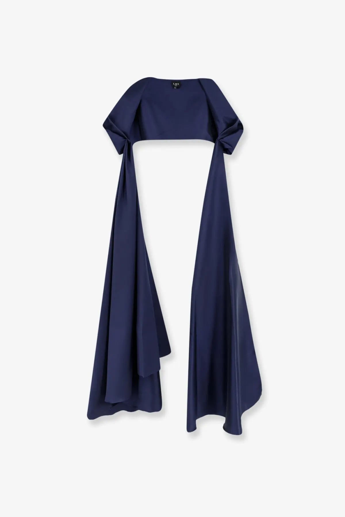 Lavi womens Beverello satin stole notte navy blue off the shoulder top with draped flowing sleeves in satin
