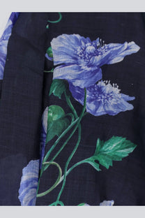 Black fabric scarf with vibrant blue poppy and green leaf pattern paired with lavi womens cactus ramie shirt blue