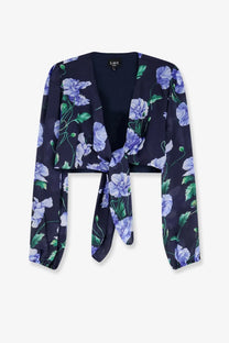 Navy blue floral wrap-front cropped jacket with long sleeves and tie-knot detail from lavi womens cactus ramie shirt blue