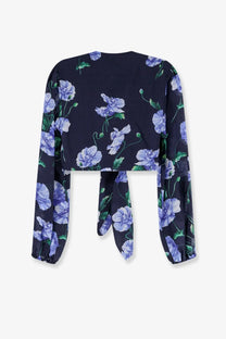 Navy blue long-sleeved crop top with purple poppy print and tied waistband at back from lavi women’s cactus ramie shirt blue