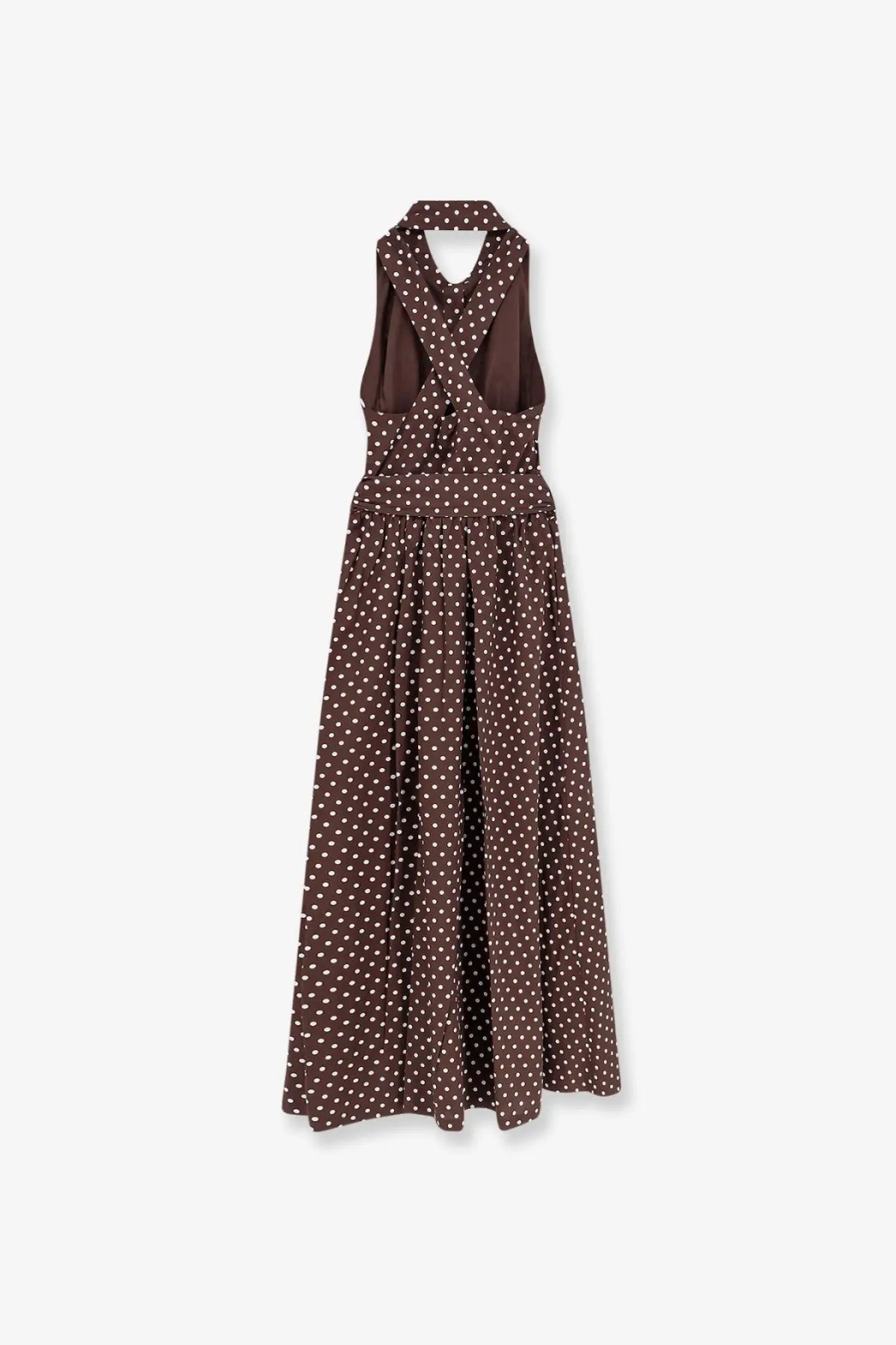 Lavi women’s Caprese cotton midi dress in brown with white polka dots halter neck and gathered waist