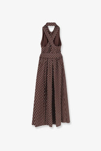 Lavi women’s Caprese cotton midi dress in brown with white polka dots halter neck and gathered waist