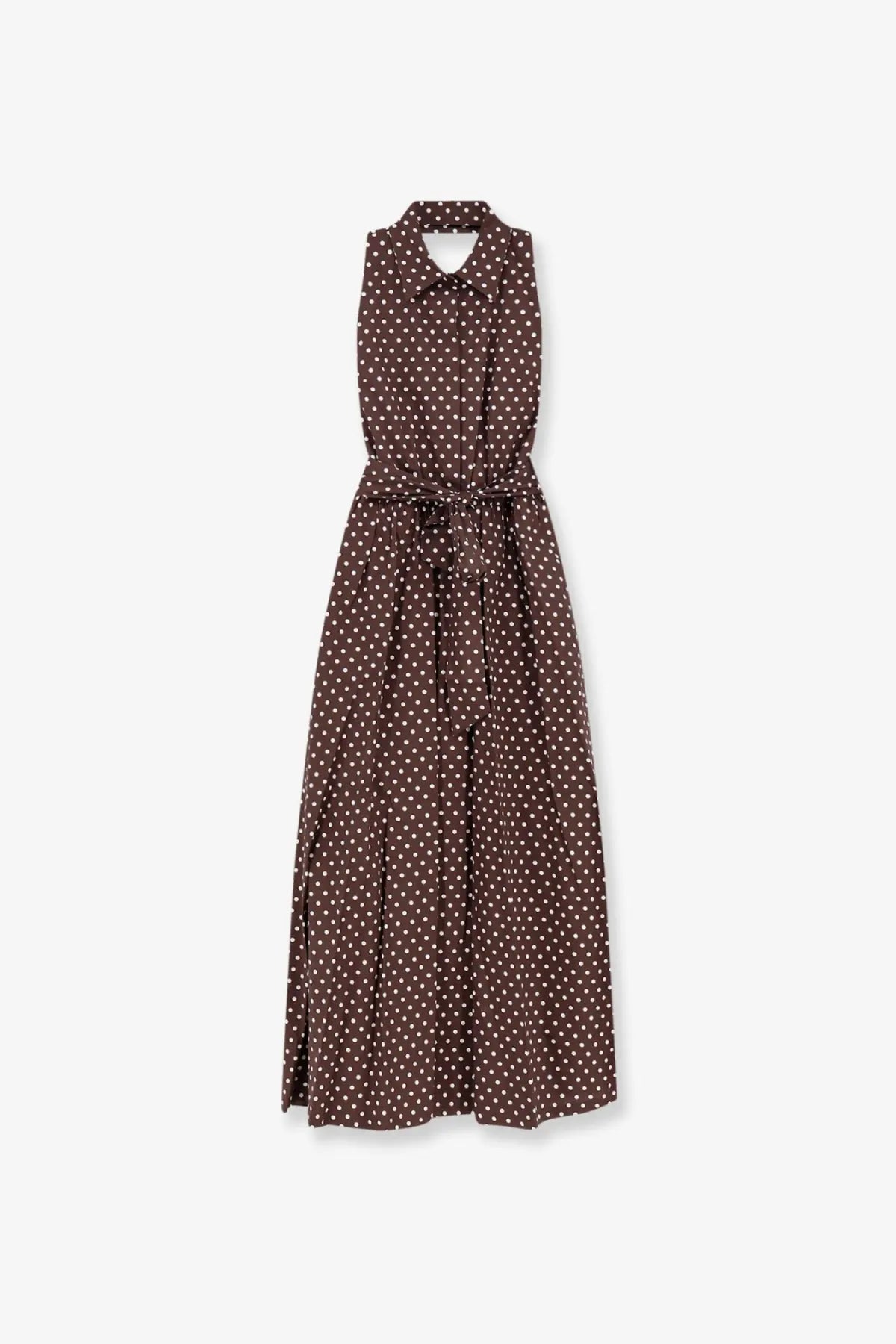 Lavi women’s caprese cotton dress in brown sleeveless design with white polka dots and matching belt