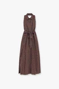 Brown sleeveless cotton dress with white polka dots and matching belt from lavi womens caprese collection