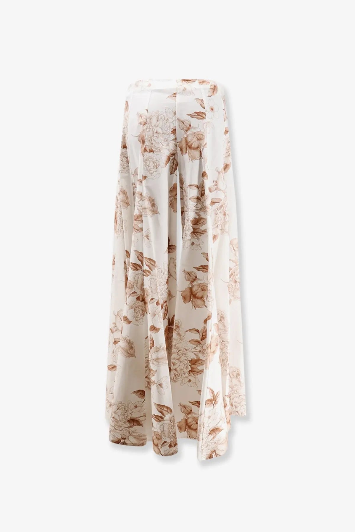 A flowing cream-colored cotton maxi skirt with delicate brown floral pattern and subtle pleats from Lavi women’s Debby collection