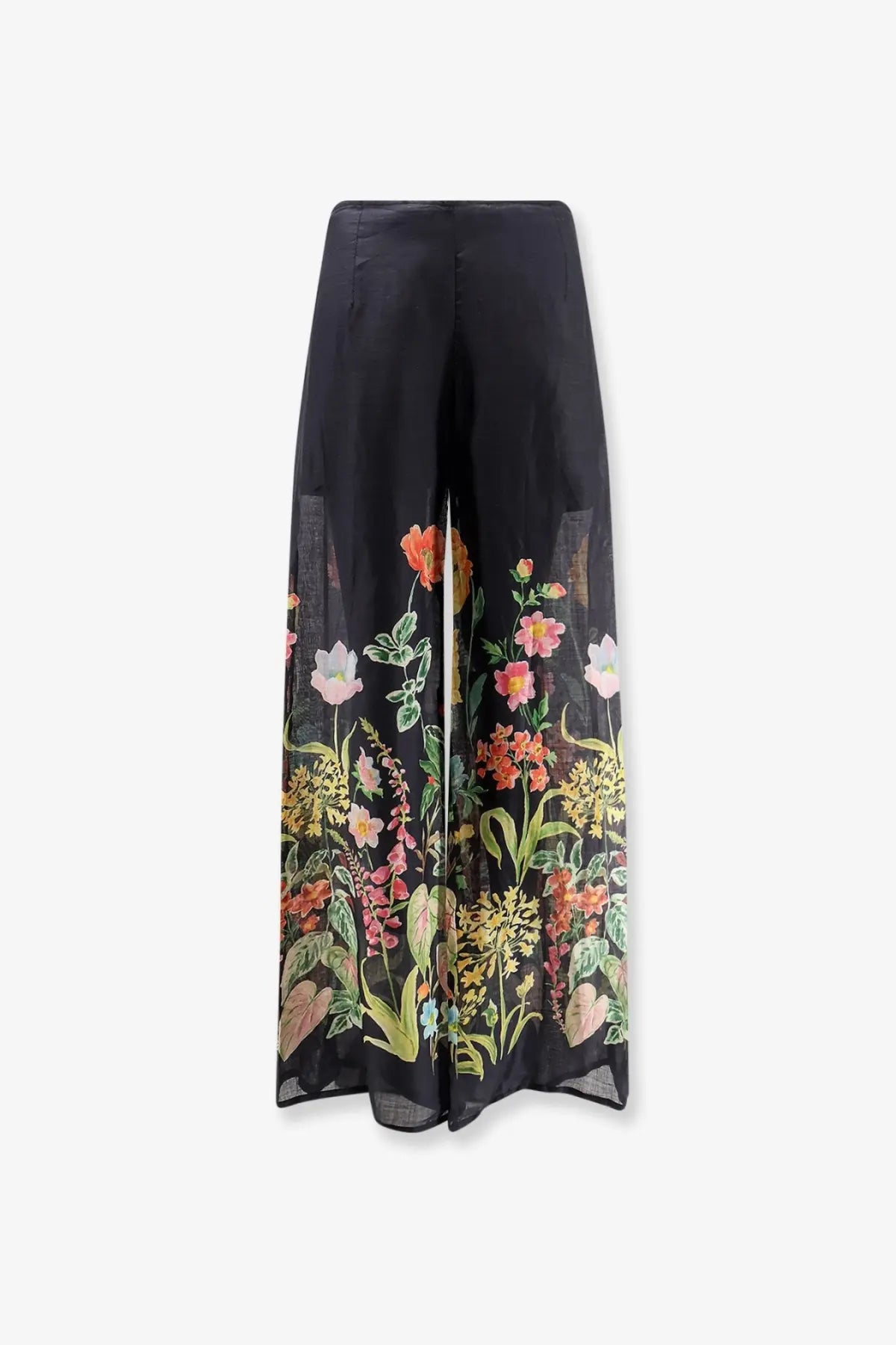 Lavi women’s frangipane ramié trousers beige wide-leg pants with vibrant orange pink yellow floral print on sheer fabric