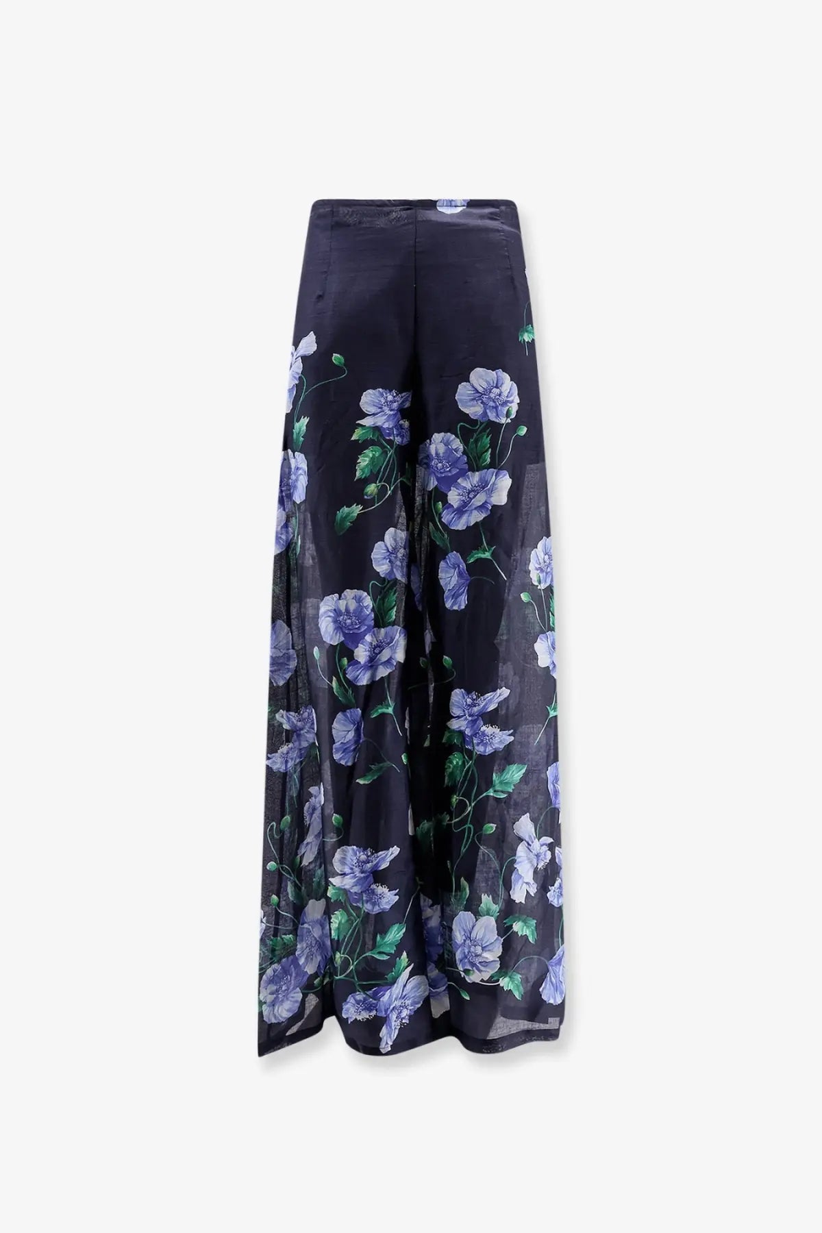 Lavi Women’s Frangipane ramie trousers in blue with black wide-leg pants featuring purple floral pattern and green leaves