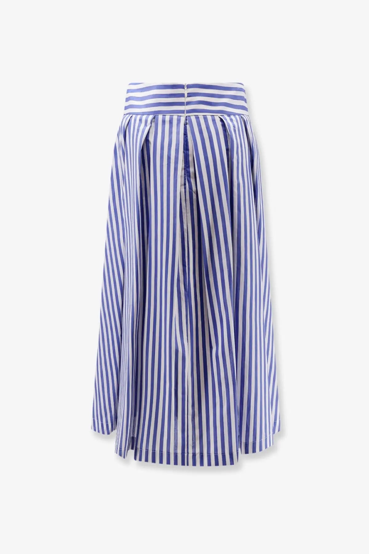 A high-waisted pleated cotton skirt with vertical navy blue and white stripes from Lavi women’s Iris collection
