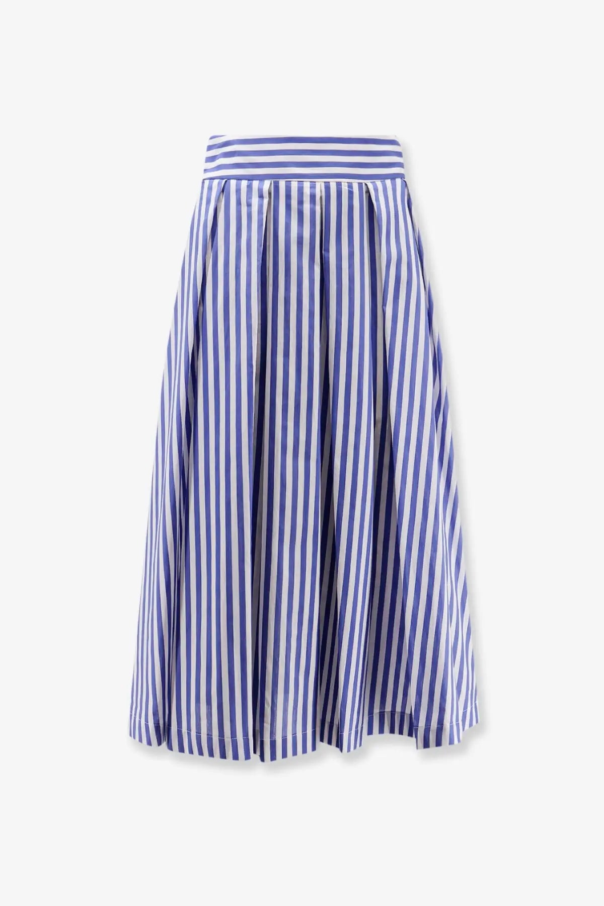A pleated cotton midi skirt in navy blue and white vertical stripes from Lavi women’s Iris collection