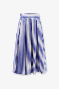 A pleated cotton midi skirt in navy blue and white vertical stripes from Lavi women’s Iris collection