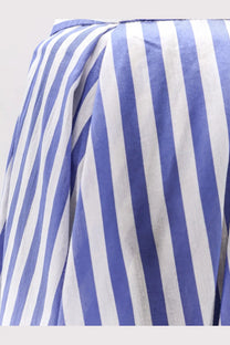 Blue and white vertically striped cotton blouse with relaxed slightly wrinkled texture for casual wear