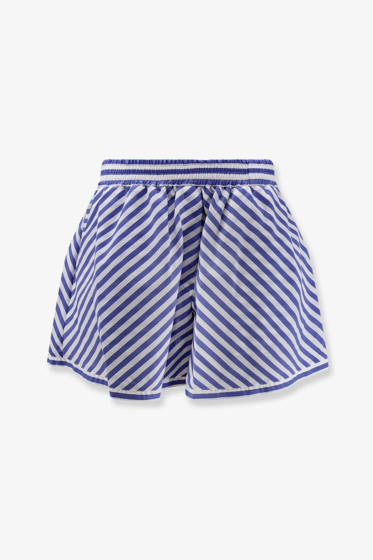 Lavi women’s lory blue cotton blend shorts with purple and white diagonal stripes and stretchy elastic waistband