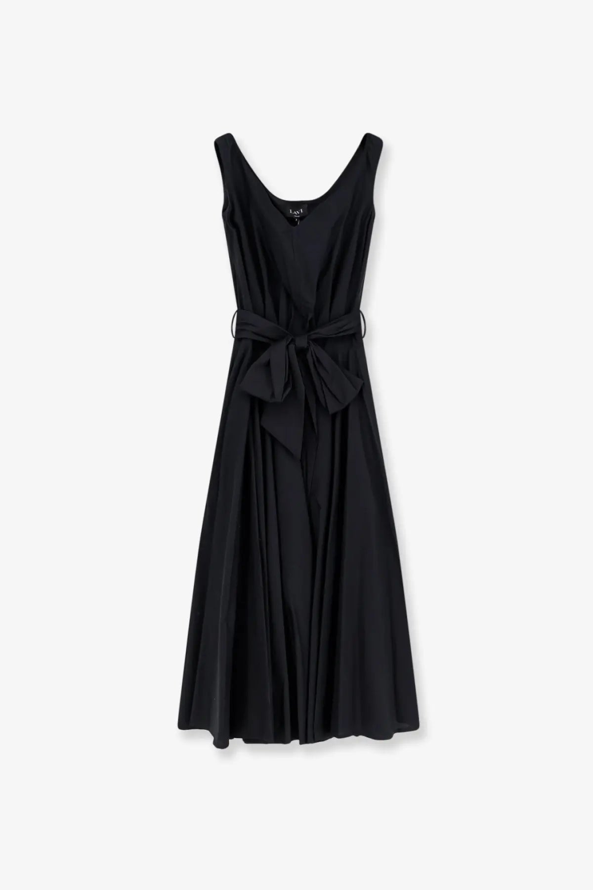 Black sleeveless cotton midi dress with fitted waist tied in a bow by lavi womens mambo collection