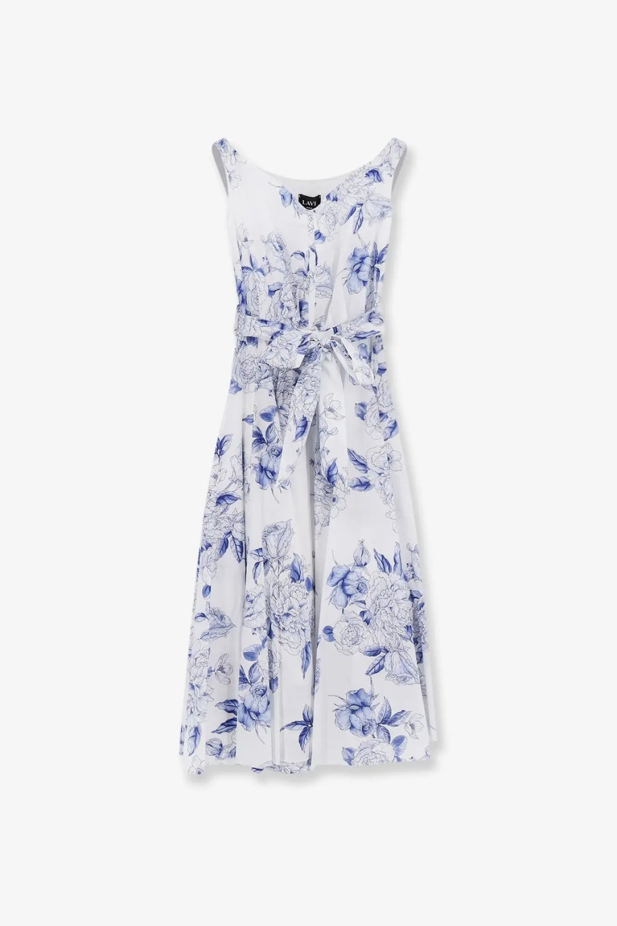Lavi womens mambo cotton dress blue featuring a white sleeveless design with blue floral pattern and matching belt