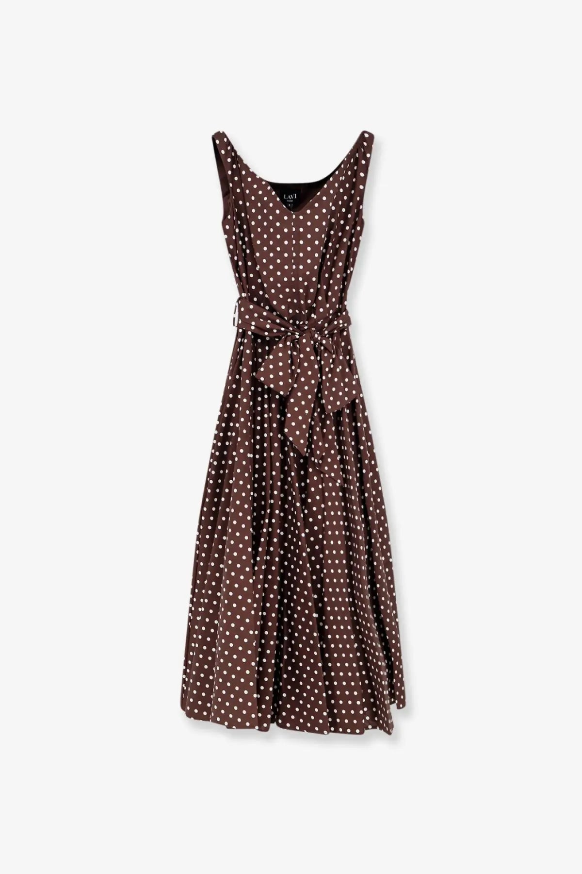 Brown polka-dot sleeveless cotton dress with tied waistband by lavi womens mambo polka dots collection white model