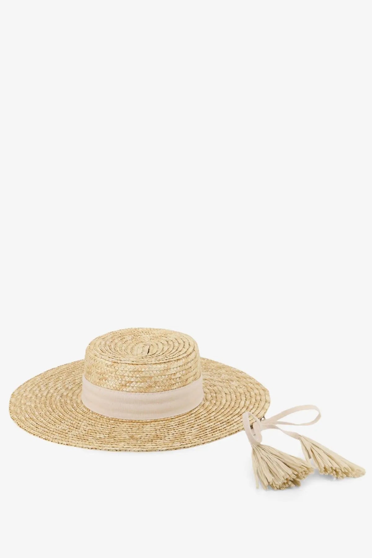 Beige straw boater hat with matching ribbon band and tassels made of raffia by lavi womens messico white
