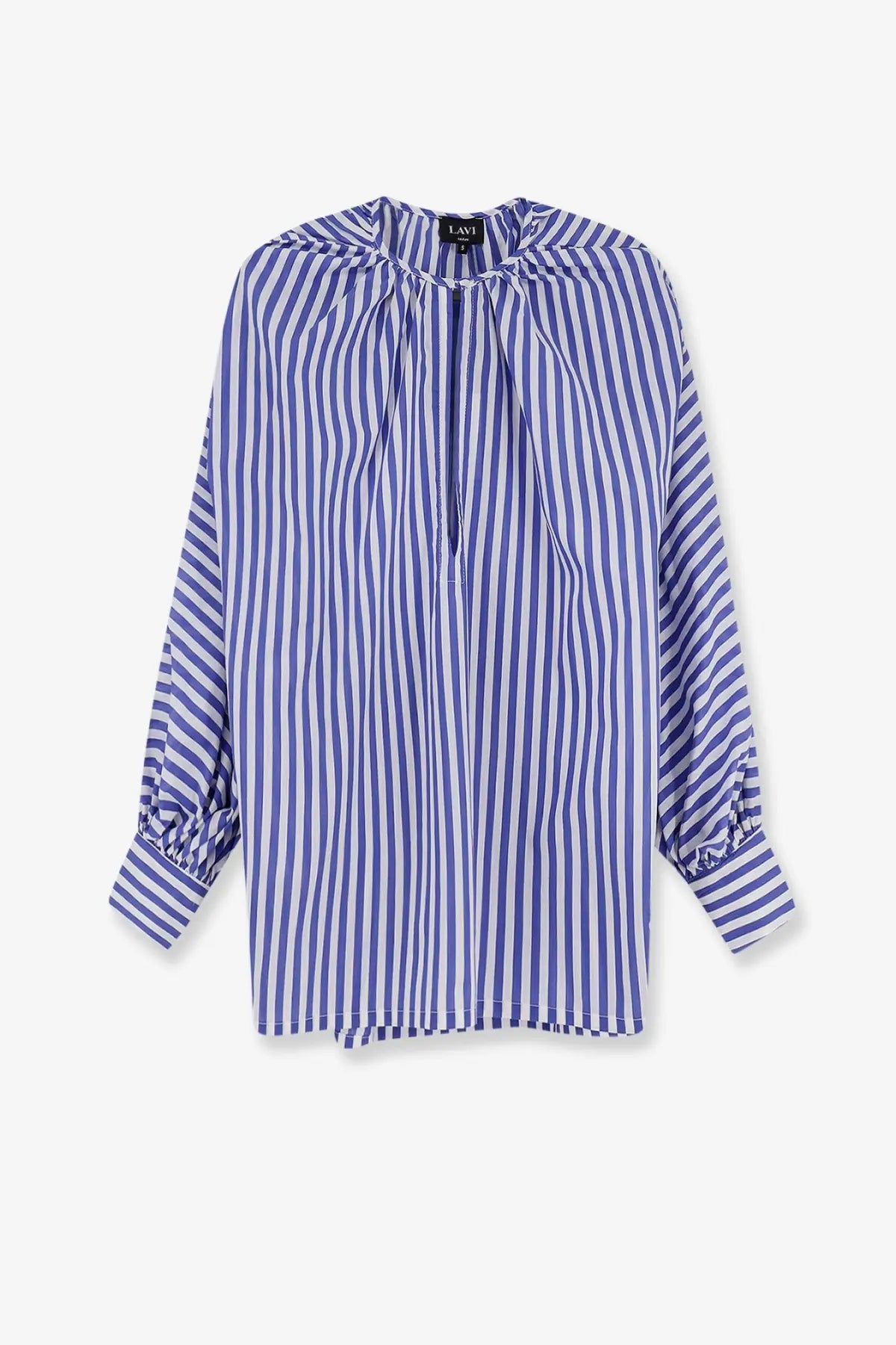 Lavi women’s nenné cotton blend shirt in blue with lavender and white vertical stripes, gathered neckline, and elastic cuffs