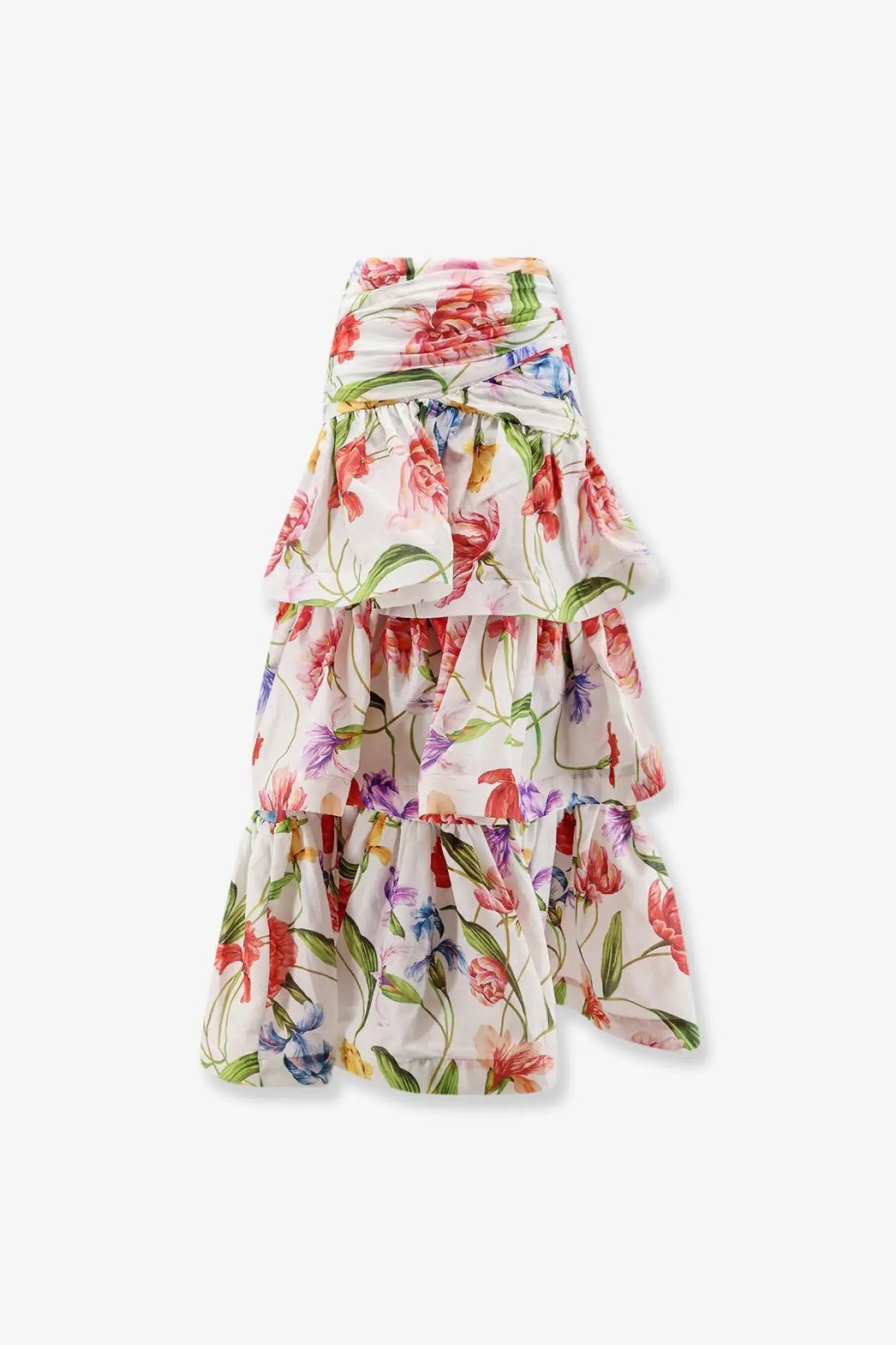 Lavi women’s picciré flounced long skirt beige tiered floral skirt with vibrant watercolor flowers on white base