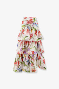 Lavi women’s picciré flounced long skirt beige tiered floral skirt with vibrant watercolor flowers on white base