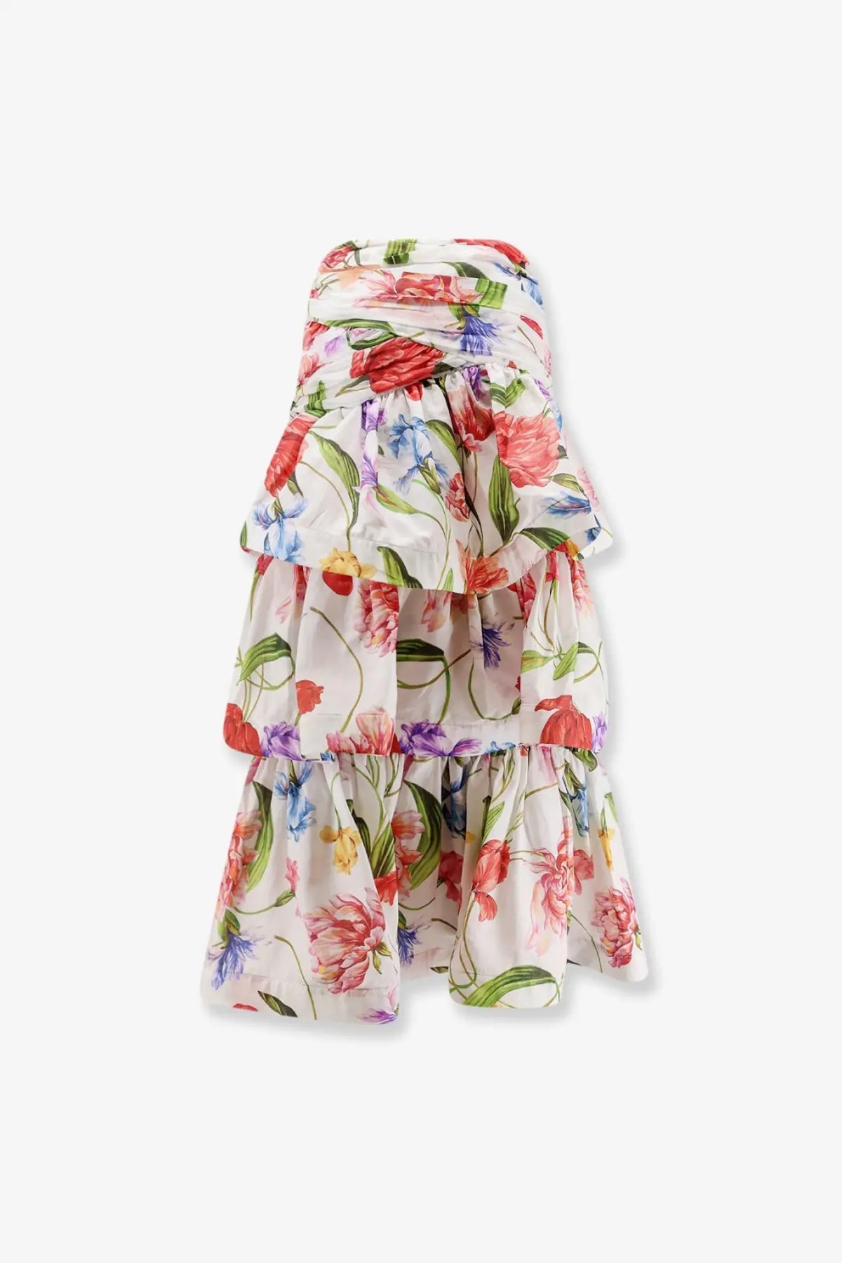 Lavi women’s picciré flounced long skirt beige tiered floral skirt with white base and vibrant multicolor blossom print