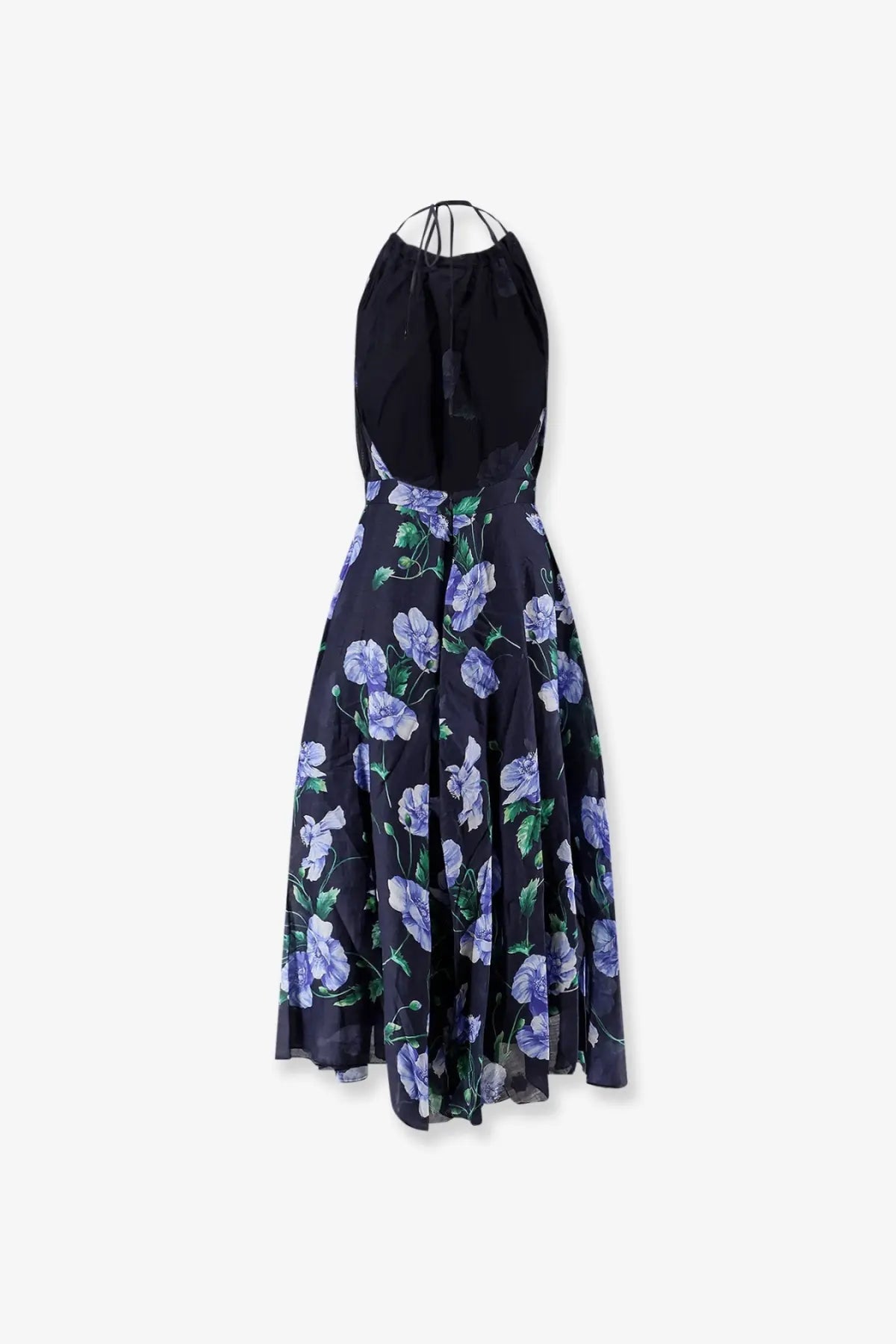 Lavi women’s plumeria ramie black halter-neck midi dress with vibrant purple floral and green leaf pattern
